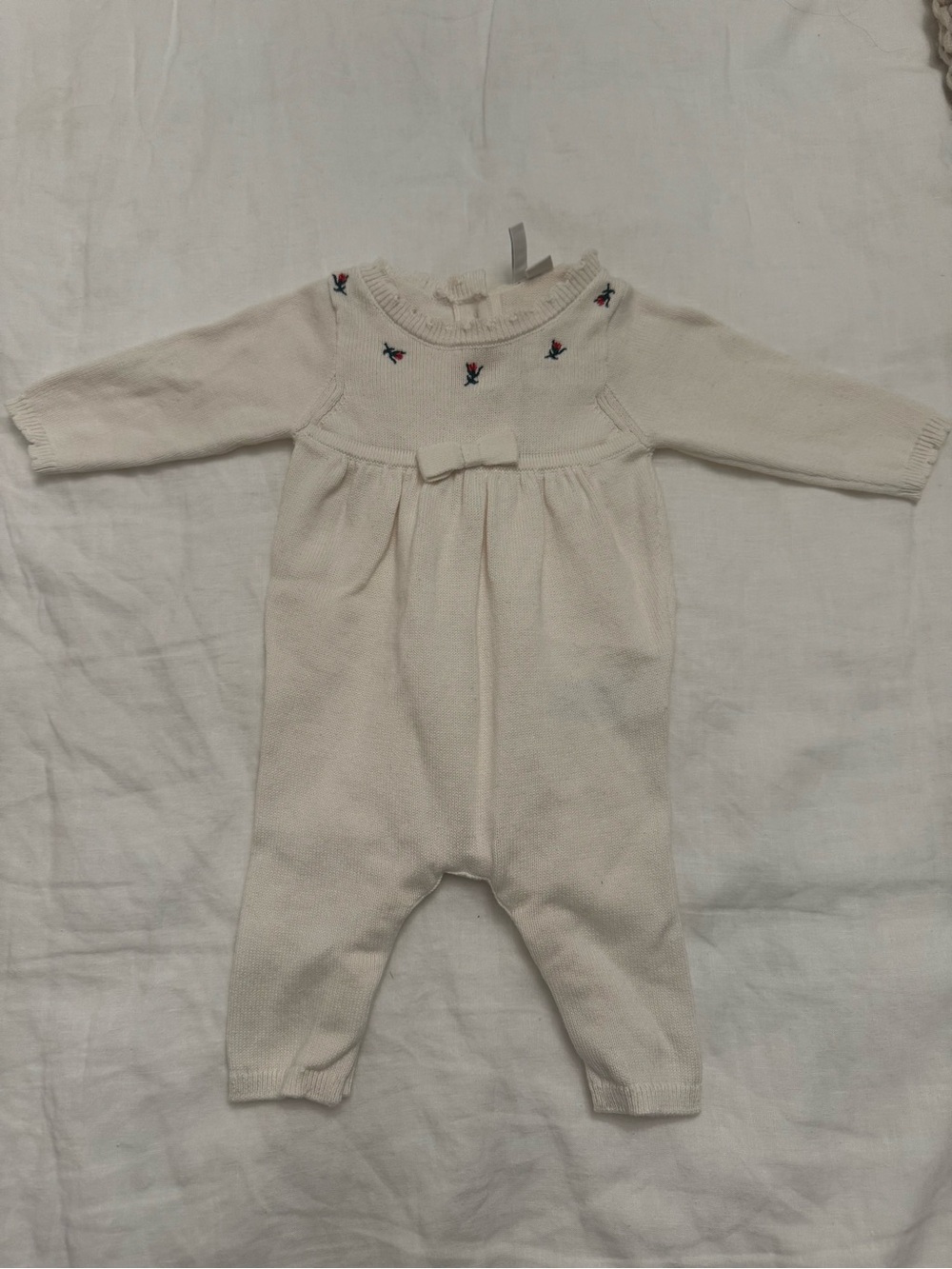 Janie and Jack Cream Knit One-Piece with Floral Embroidery